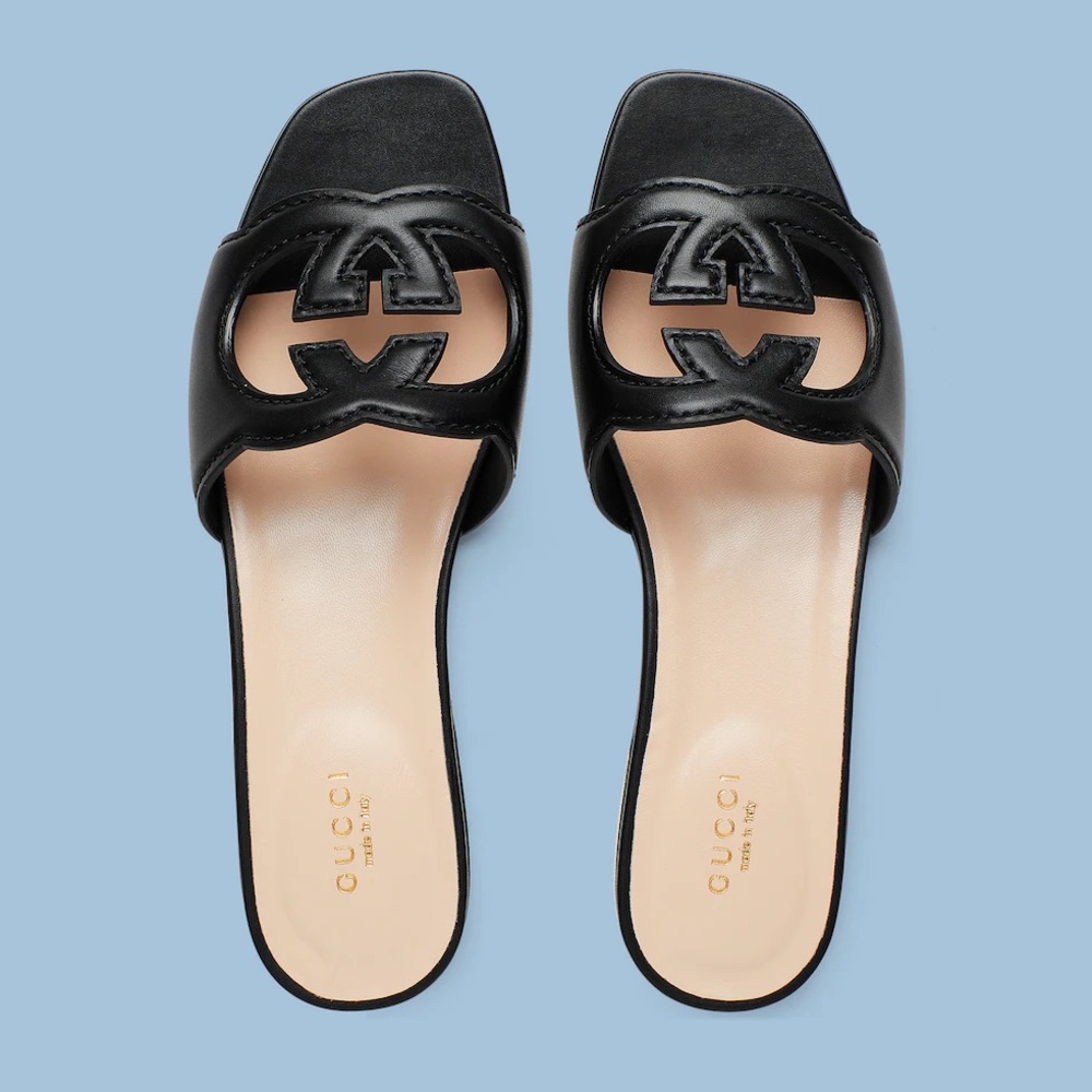 Gucci Interlocking G Logo Cutout Leather Slides in Black Size 36